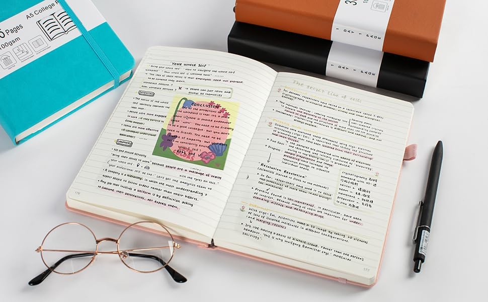 Miniatura 7 de Cuaderno grueso de rayas universitarias con 366 páginas numeradas, diarios A5 para escribir con papel rayado de 3.53 ozm, cuadernos de cuero de tapa