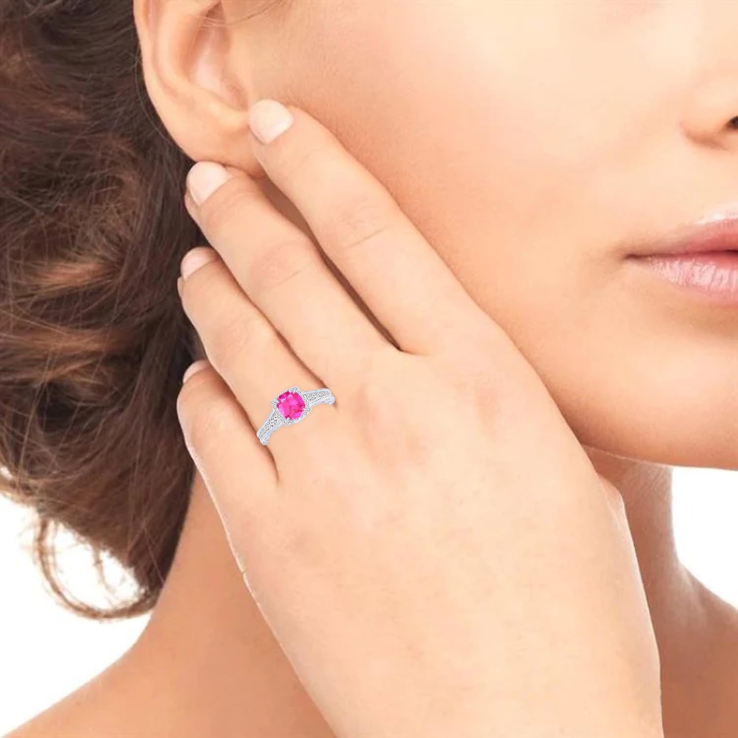 1.75 Carat Designer Halo Channel Set Round Diamond Engagement Ring with Milgrain 14K Gold with a 1 Carat Cushion Cut AAA Quality Pink Sapphire (Heirloom Quality)