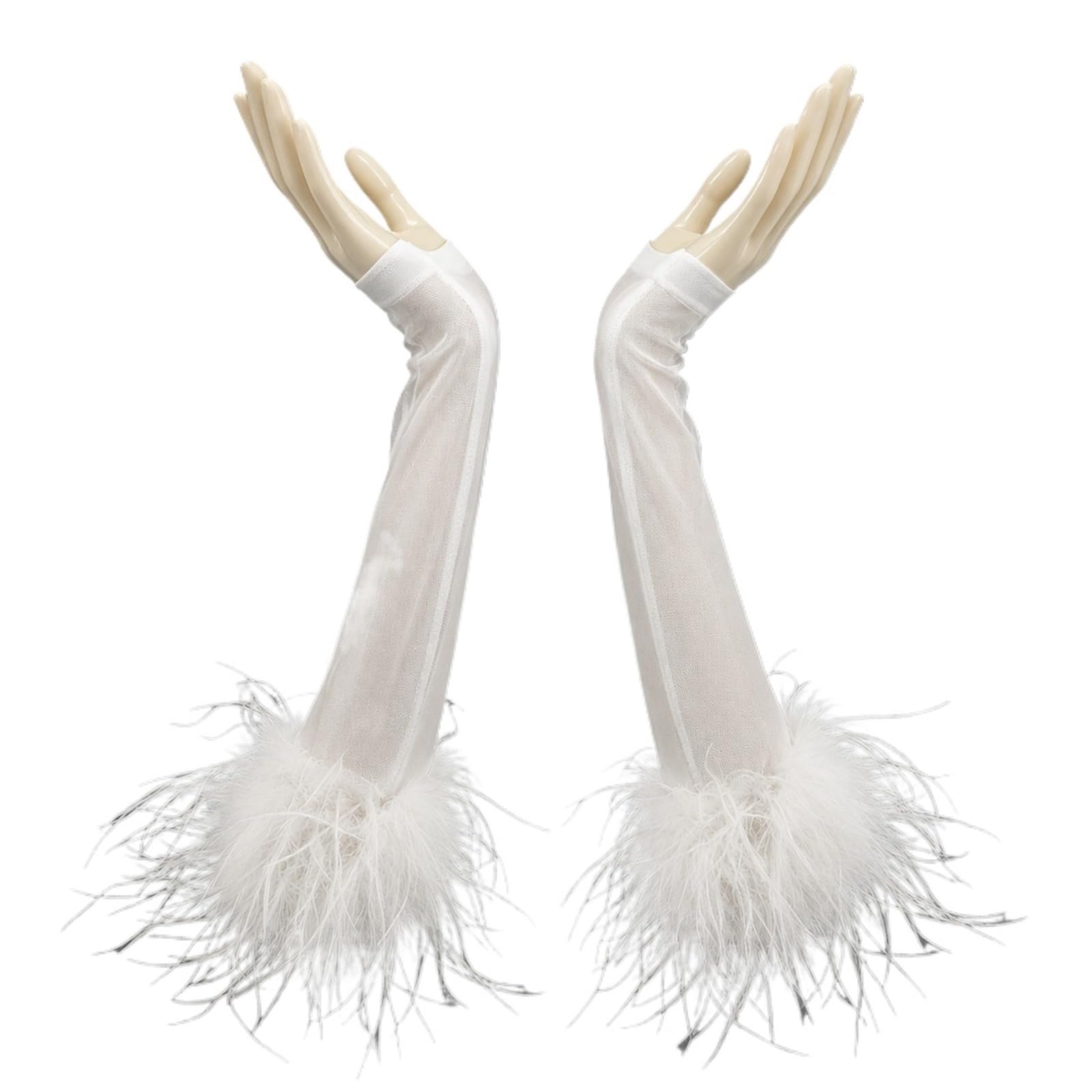 Guante de plumas avestruz, malla transparente, largo y esponjoso