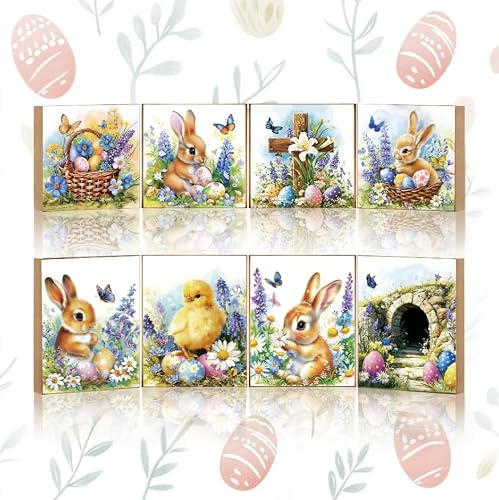 Easter Decorations Indoor - Bunny Cross Jesus Wooden Wood Signs Sign for Home Party Indoor Table Office Classroom Kitchen Supply Decor Gifts 3.14×3.14/3.14×3.93 Inch, 8 Pcs