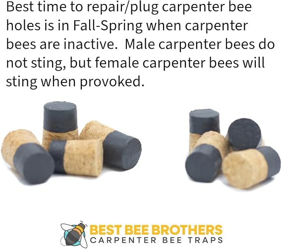 Best Bee Brothers Hand-Dipped Wooden Carpenter Bee Hole Cork Plug Kit (8 Pack), Carpenter Bee Damage Repair