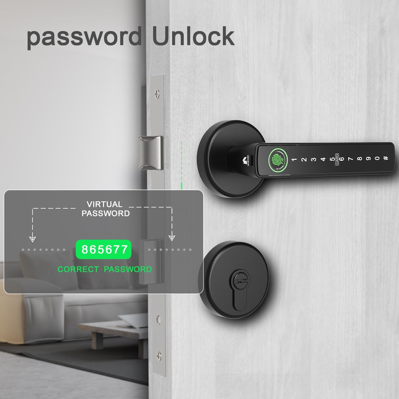 Smart door lock showing the virtual password feature, where extra digits can be entered before and after the correct password for security.