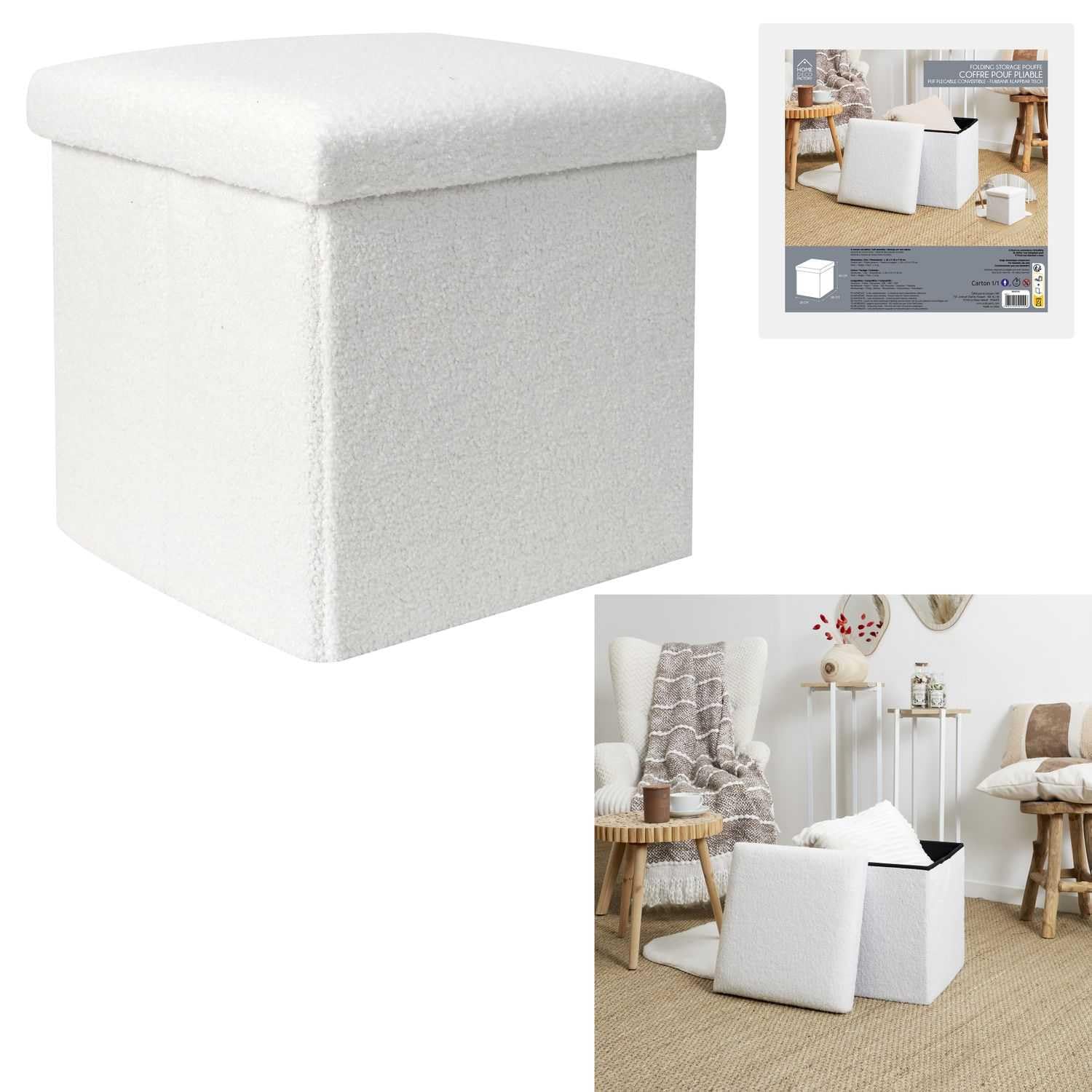 HOME DECO FACTORY - HD0058 Baúl Puff Plegable Bouclette - Natural Crush - Mobiliario de Asiento y Cojín de Suelo - 38x38x38 cm - Altura de Asiento 38 cm - Color Blanco