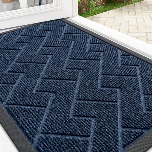 Image of OLANLY Front Door Mat Indoor Outdoor Entrance, Waterproof All-Season, All-Weather Doormat, Sturdy Natural Rubber, Low Profile, Easy Clean Patio Porch Entryway Mat, Herringbone Brick (Blue, 29.5x17)