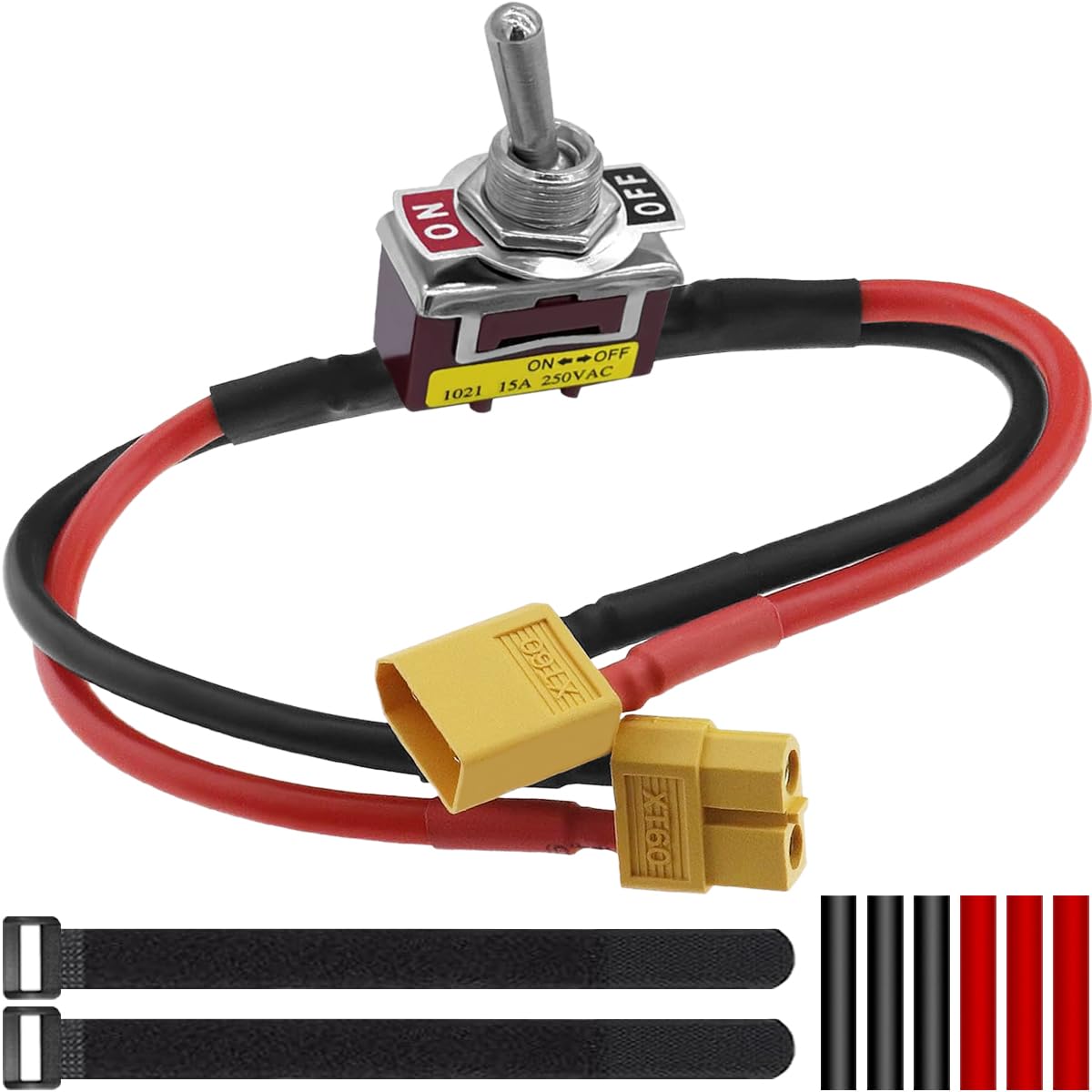 MKBKLLJY Toggle Switch with XT60 Adapter 15A 250V AC XT-60 Male Female Plug Large Current Electric Power On/Off 14AWG 30cm Soft Silicon Wire for Lipo Battery RC Airplane with Hook Loop Straps