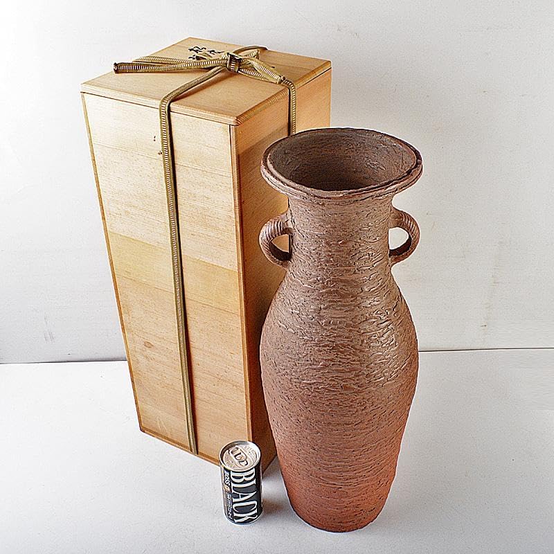常滑焼 朱泥 松皮 双耳花瓶 高さ約50cm 書付箱 C