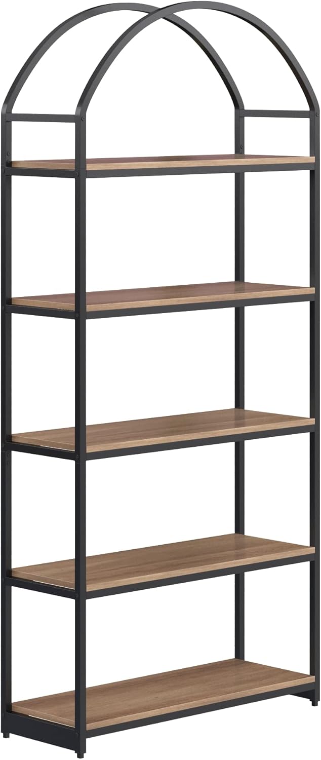 Nathan James Haven Etagere Bookshelf, 5-Shelf Bookcase in Oak Wood and Black Metal Frame with Arch Top and Open Shelves, Oak/Black, Set of 3