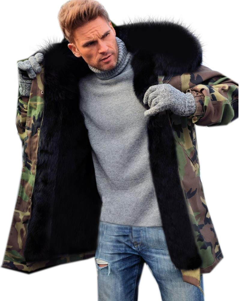 Roiii Mens Winter Warm Thick Faux Fur Waterproof Outdoor Hood Parka Long Trench Jacket Over Coat Plus Size S-3XL