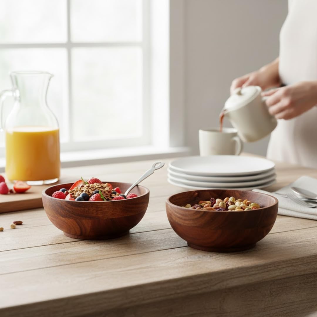 SAAGA Acacia Wood Round Bowl Set of 2 | 5 x 2.25 Inch Natural Wooden Serving Bowls for Soup, Salad, Fruits, Snacks, Dry Fruits, Vegetables & Dessert | Food-Safe Rustic Tableware 1