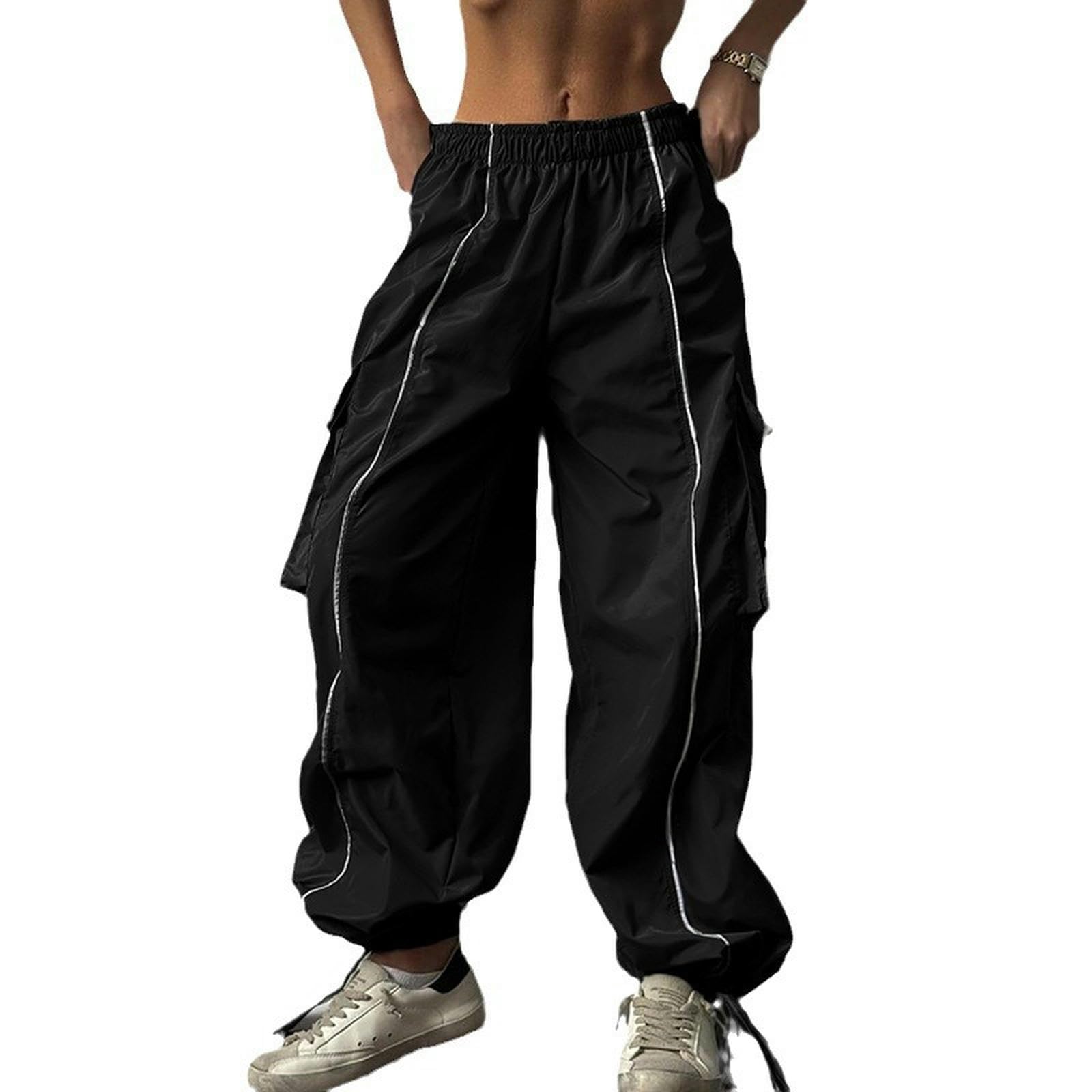 Costine Spesse da Strada Americana con Leggings di Colore a Contrasto, Tuta Ampia, Elastico in Vita, Pantaloni Casual Dritti - Nero - S