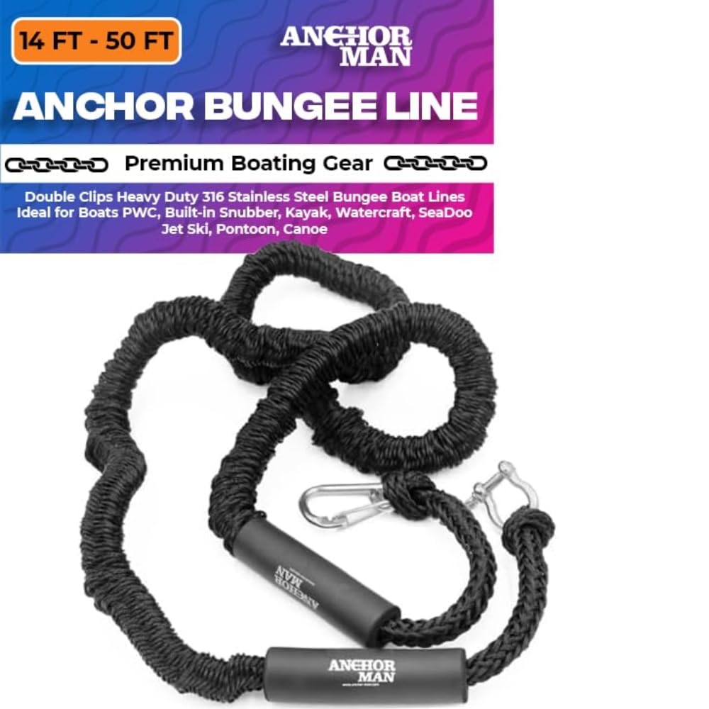 Anchor-Man Bungee-Schnur für Boote, Doppel-Clips, strapazierfähig, 316 Edelstahl, ideal für Boote PWC, eingebauter Snubber, Kajak, Wasserfahrzeuge, SeaDoo, Jetski, Ponton, Kanu (4,3 m - 15,2 m)
