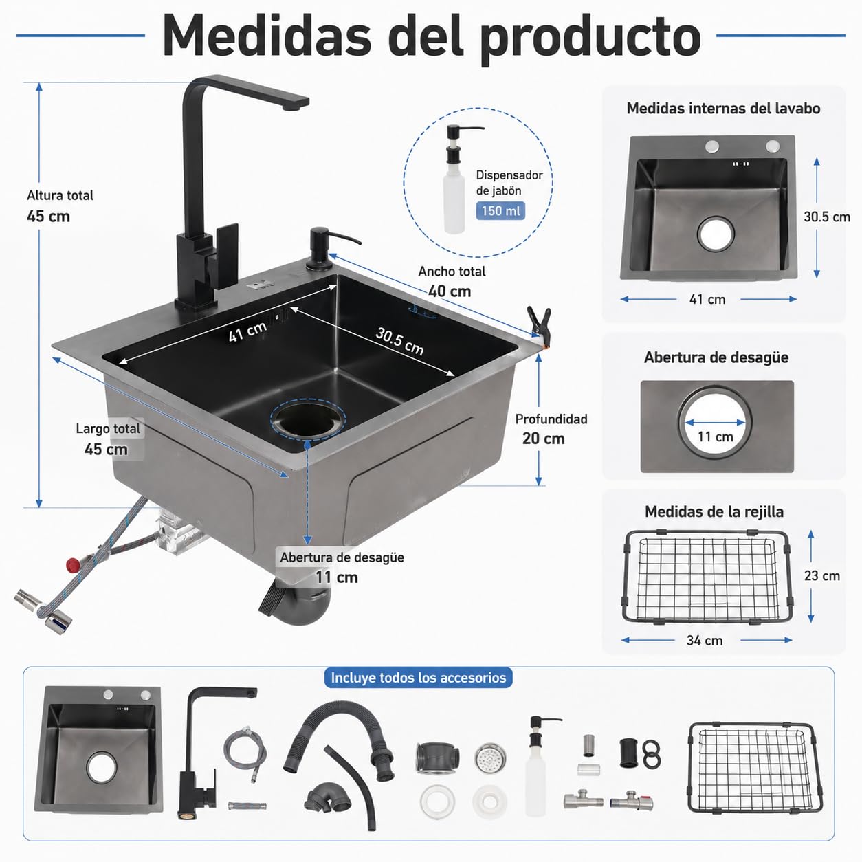 Fregadero de cocina negro de 45 x 40 cm, juego de fregadero con grifo, incluye escurridor y dispensador de jabón, grifo giratorio 360°, color negro mate, acero inoxidable 201