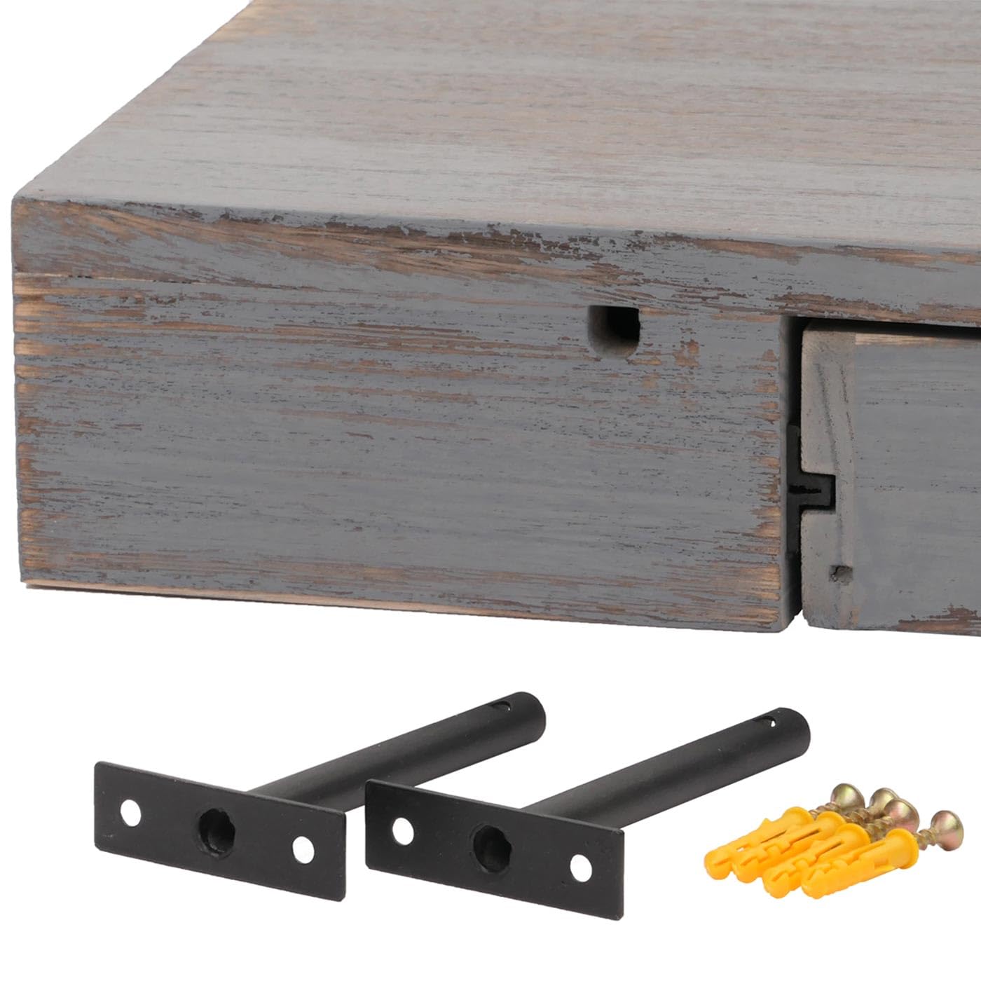 Mensola ripiano pensile con cassetto HWC-H37 25x80x8cm Legno massello Grigio Shabby