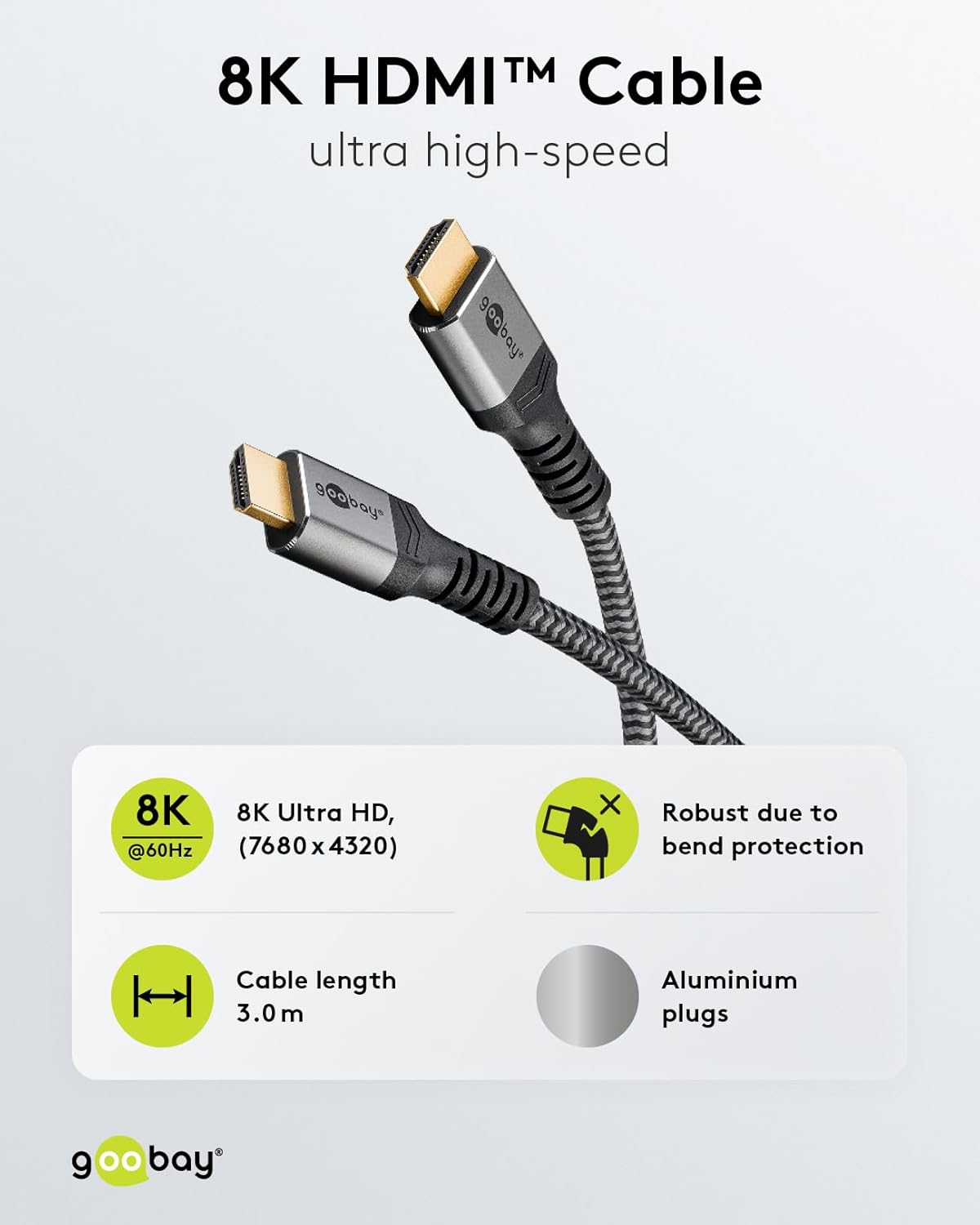 Goobay Ultra High Speed HDMI Cable 2.1 / UHD Resolutions of up to 8K @ 60 Hz & 4K @ 120 Hz/HDMI Extension for PS5, Xbox, Apple TV 4k / Gold-Plated Connectors Prevent Corrosion/Grey / 3 m - 65262