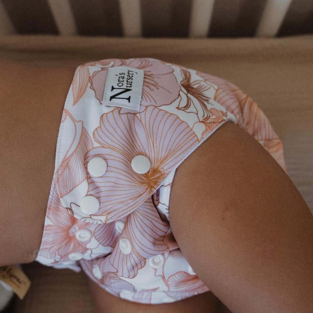 Nora's Nursery Cloth Diapers 7 Pack with 7 Inserts & 1 Wet Bag - Waterproof Cover, Washable, Reusable & One Size Adjustable Pocket Diapers for Newborns and Toddlers - Magnolia