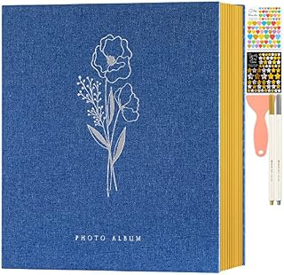 Lanpn Self Adhesive Photo Album Scrapbook 40 Pages, Linen Photos Albums DIY Sticky Magnetic Pages holds 6x4 7x5 A5 Picture for Family Wedding Birthday (Large-20 Sheets/40 Pages, Blue)