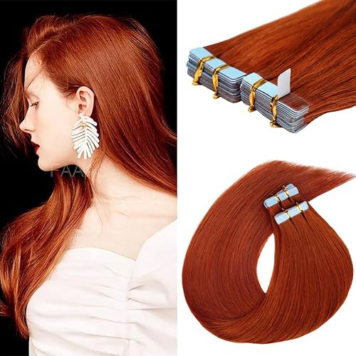 Extensiones de cabello humano adhesivas de 20 pulgadas, extensiones de cabello humano Se mi, trama invisible prepegada, color liso #350, rojo cobre,