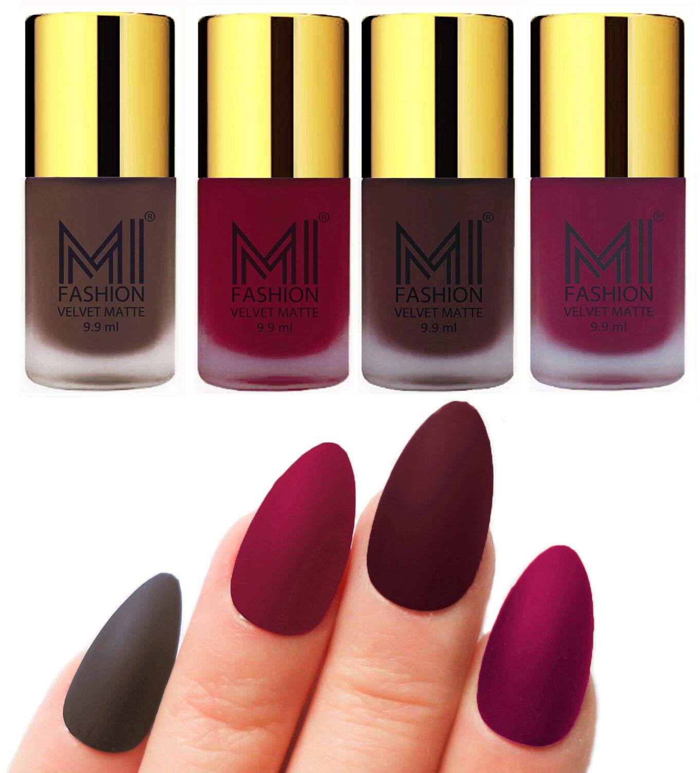 MI FASHION Modern Velvet Matte Lacquer Nail Paint Combos Endless Glam 9.9ml Each Coffee, Mauve, Wine, Magenta (Pack Of-4)