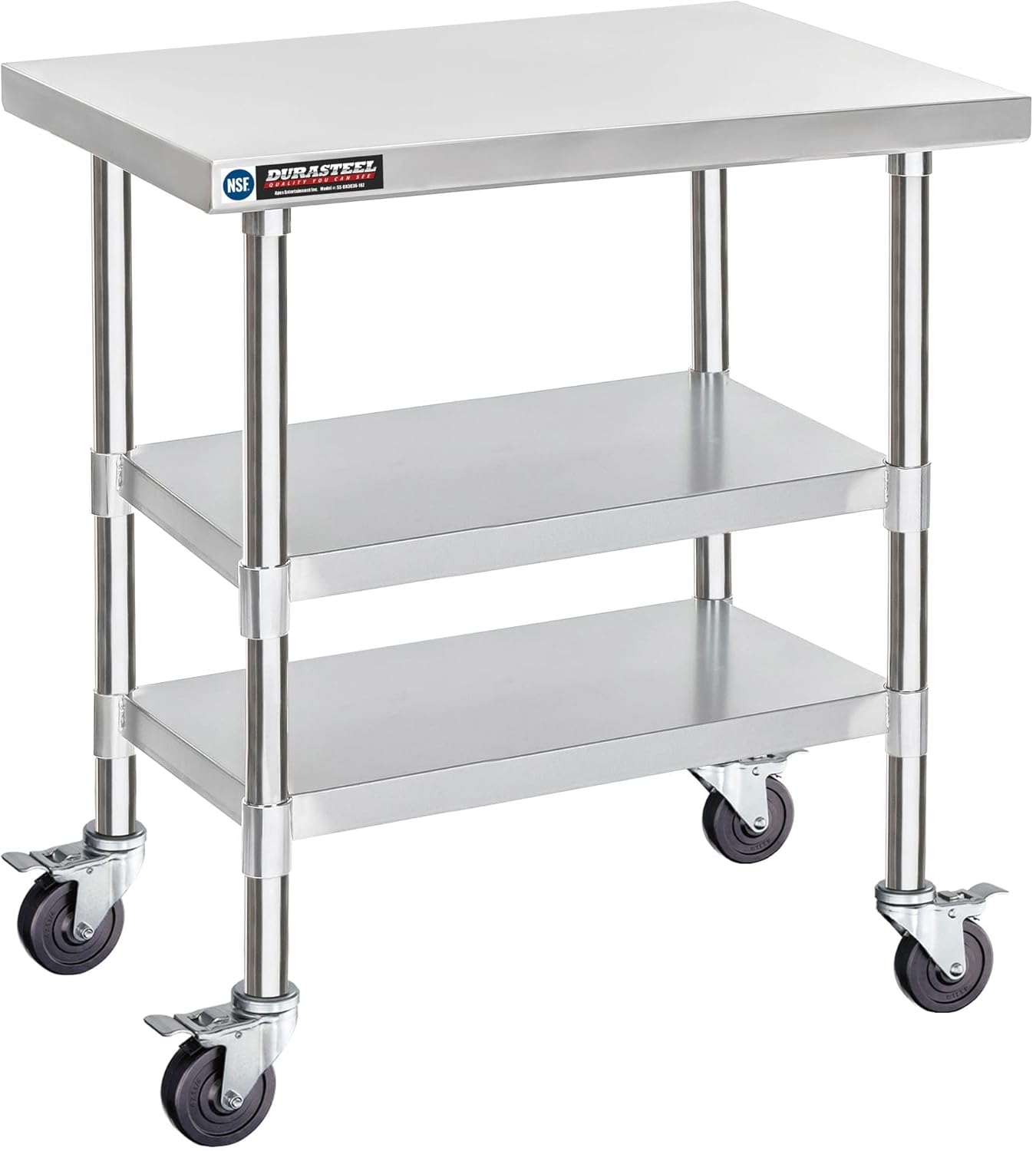 DuraSteel Stainless Steel Work Table 30" x 36" x 34" Height w/ 4 Caster Wheels - Food Prep Commercial Grade Worktable - NSF Certified - Good for Restaurant, Business, Warehouse, Home, Kitchen, Garage