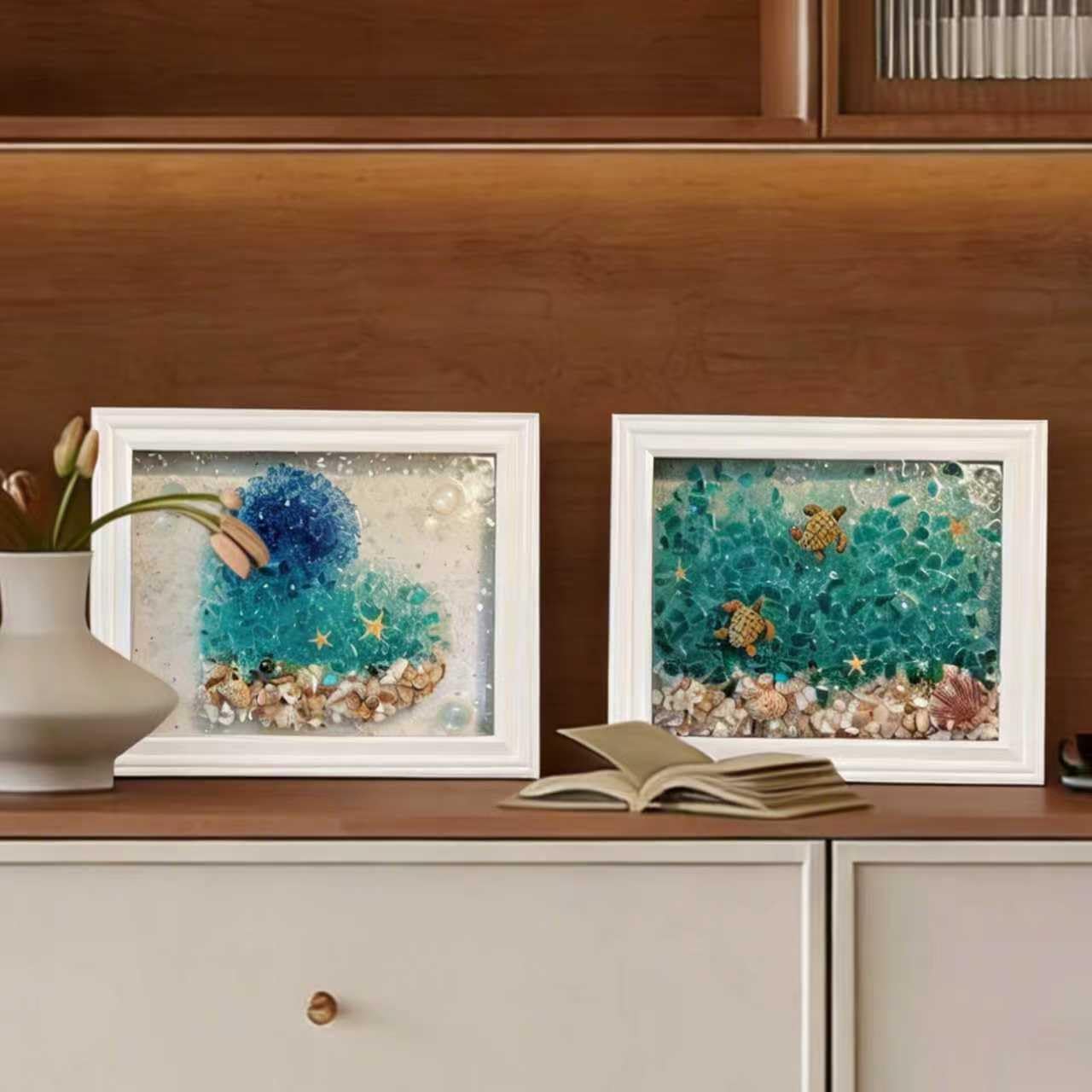 Sea Glass Art Kit, Mosaic Glass Photo Frame Set 9.5x7.5 Inch, Handcraft Style DIY Mosaic Craft Kits, DIY Resin Beach Art Kit for Home Decoration, Office, Bookshelf/Windowsill (Paw Print Heart)