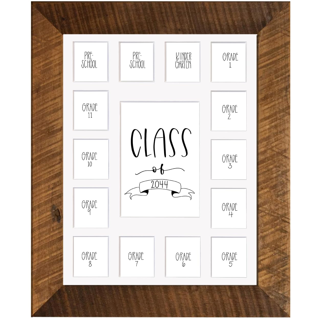 Rustic Red Door Co. School Years Reclaimed Wood Picture Frame with Mat - 11x14 Wooden Framed 15 Photo Collage Mat Pre-School &amp; Kindergarten to 12th Grade High School Graduation (Class of 2044, White)