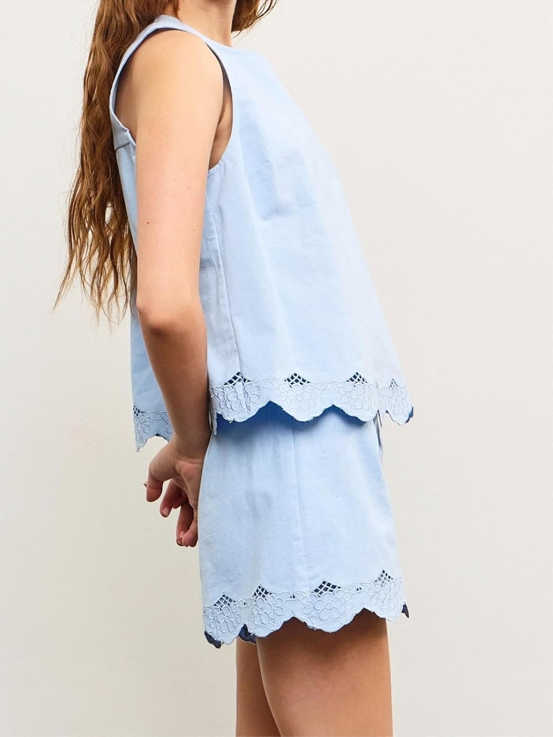 Women Trendy 2 Piece Outfits Shorts Sets Round Neck Sleeveless Scallop Embroidered Edge Top and Bottom