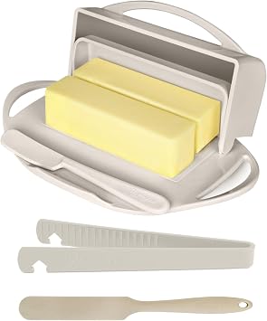 Butterie Ivory Breakfast Bundle - Flip Top Butter Dish with Attached Lid & Matching Knife, Toaster Tongs & Small Spatula - Holds 2 Sticks, Fits Kerrygold/European Butter - BPA Free & Dishwasher Safe