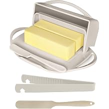 Butterie Ivory Breakfast Bundle - Flip Top Butter Dish with Attached Lid & Matching Knife, Toaster Tongs & Small Spatula - Holds 2 Sticks, Fits Kerrygold/European Butter - BPA Free & Dishwasher Safe
