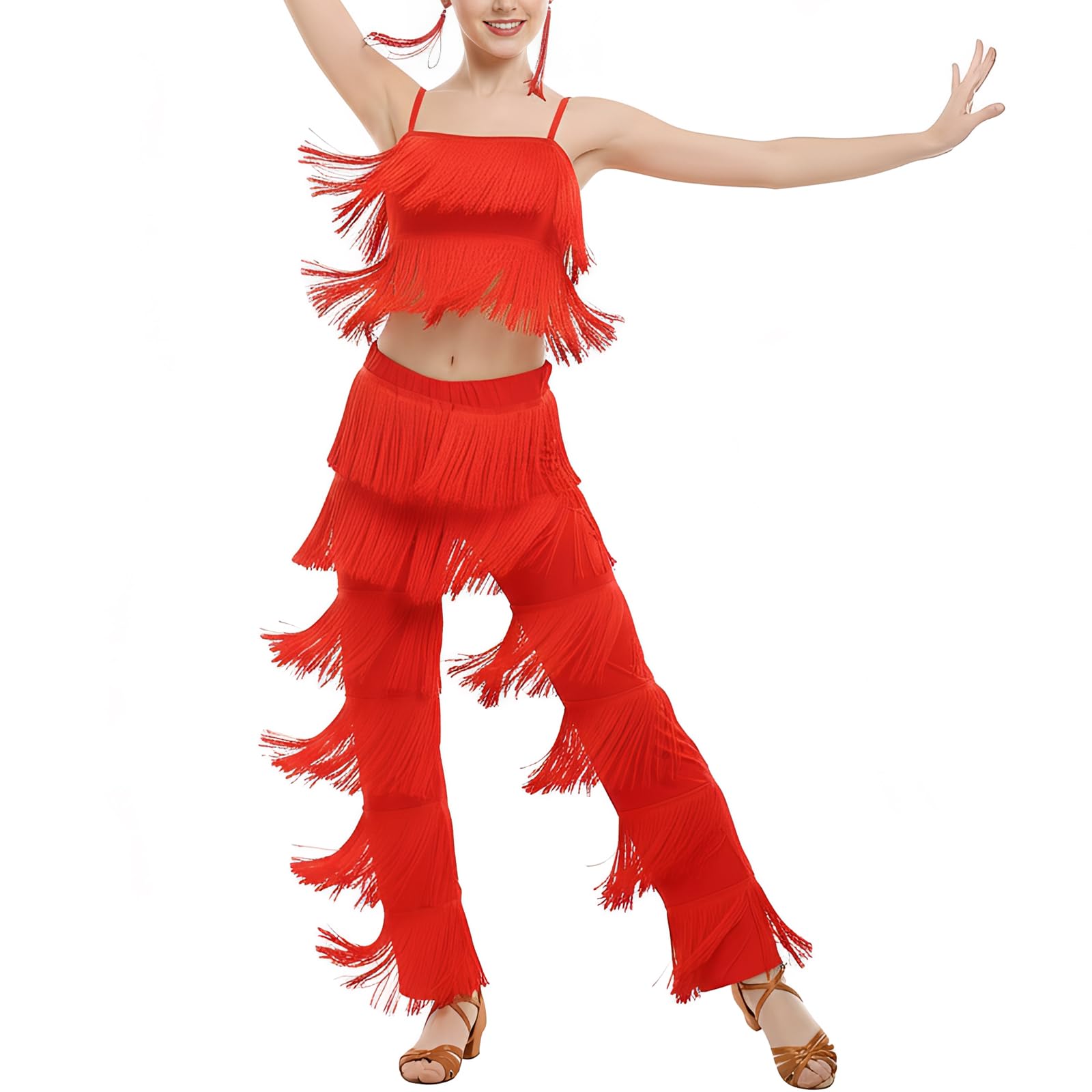Heitongmaoyi Women's Red Latin Tassel Dance Top And Trousers 2 Piece Sets For Ballroom Rumba Tango Salsa( M)