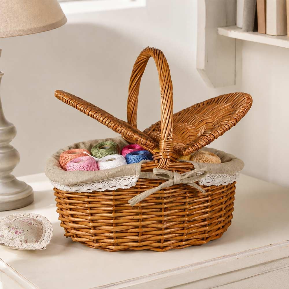 Cesta Picnic Corazón pequeño de mimbre y yute con tapa 35 x 25 x h 17 cm
