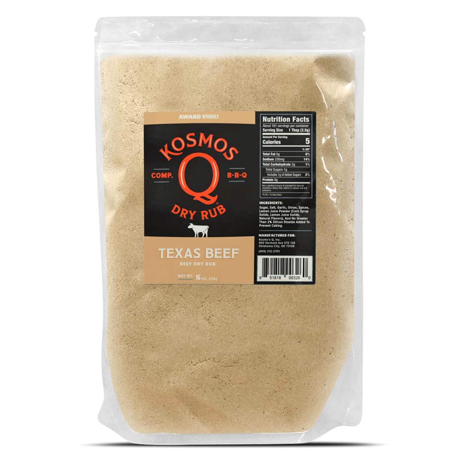 Kosmos Q Texas Beef BBQ Dry Rub, Steak Seasoning with Garlic, Onion, Lemon & Savory Spices for Steak, Beef Ribs, Brisket, Burgers, Chuck Roast, Dry Rub for Smoking & Grilling Meat, 16 Oz Bag