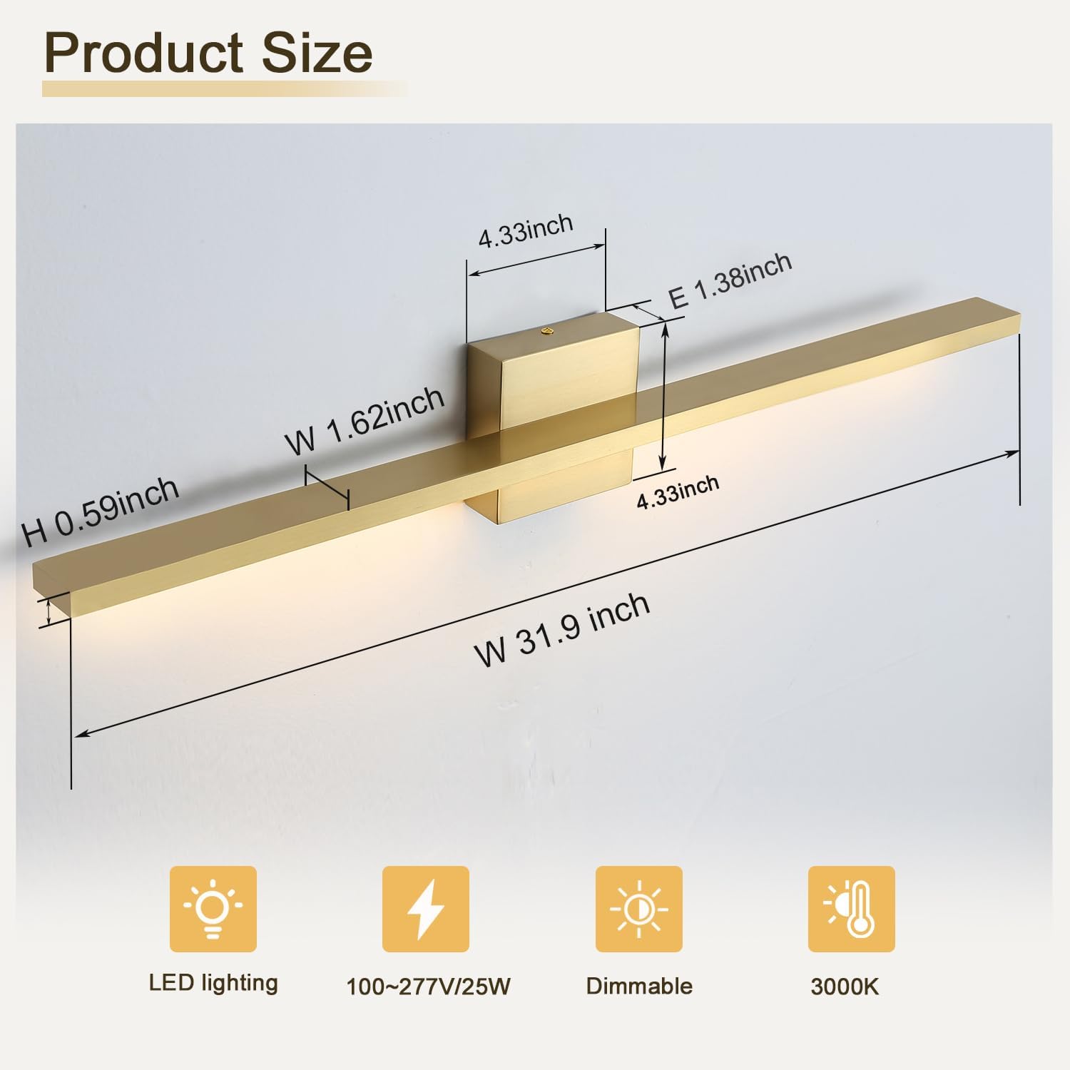 Gold Bathroom Light Fixtures Over Mirror, 32 Inch Brass Bathroom Vanity Light, LED Modern Wall Sconce 3000K Bar Vanity Lights