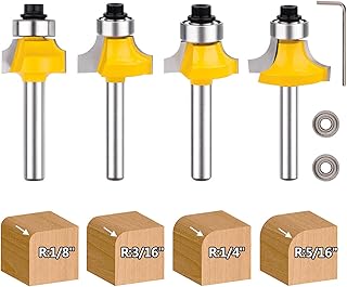 Roundover Router Bits Set，4pcs Edging Router Bits ( Radius : 1/8", 1/4", 3/16", 5/16" ) for Rounding Edge and Woodworking (1/4 inch Shank)