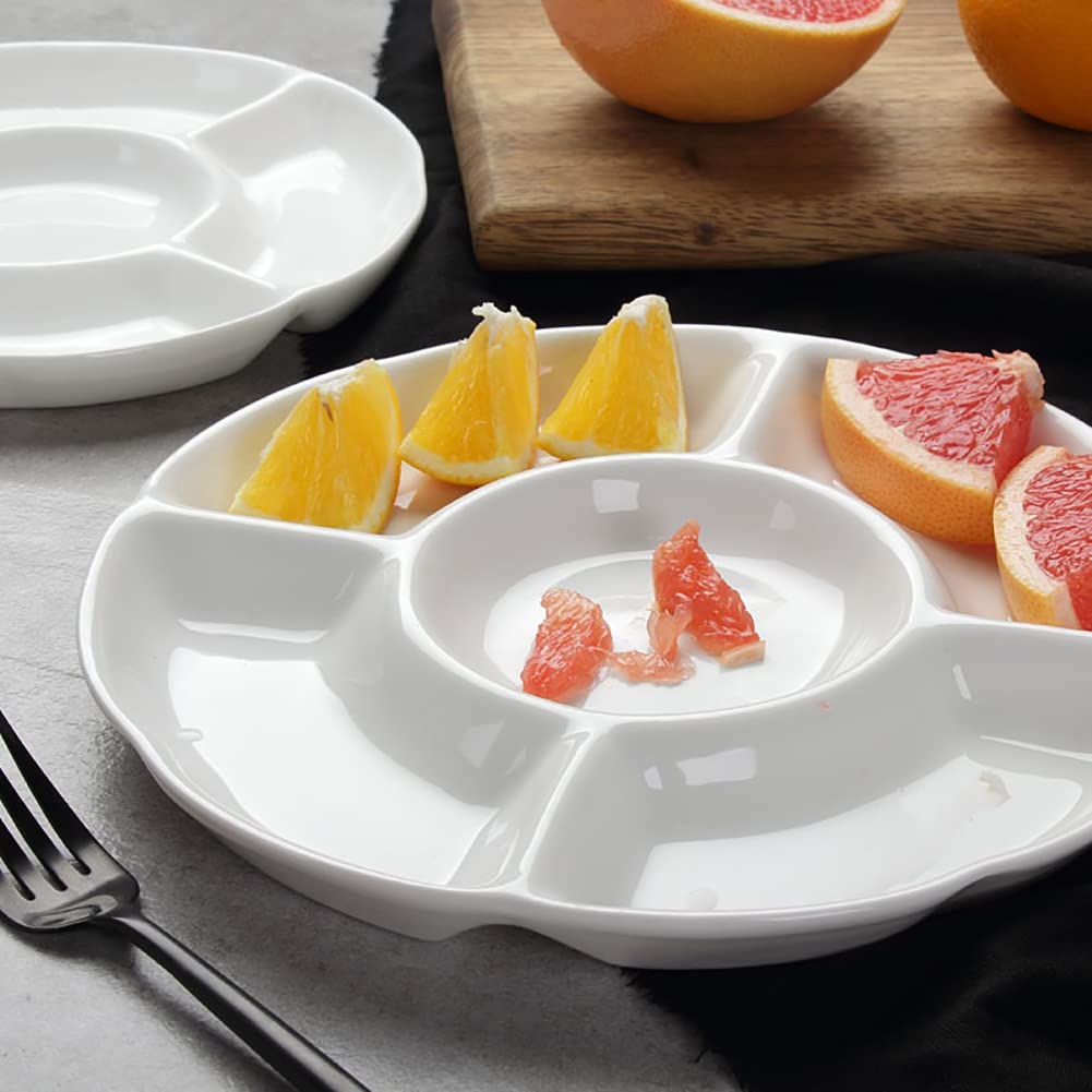 HugeDE 10 Inches Imitation Porcelain Snack Tray Large Food Serving Tray Fruit Platter Tray Section Divided Plates Compartment Portion Plate Veggie Serve Plate for Party White - Image 4