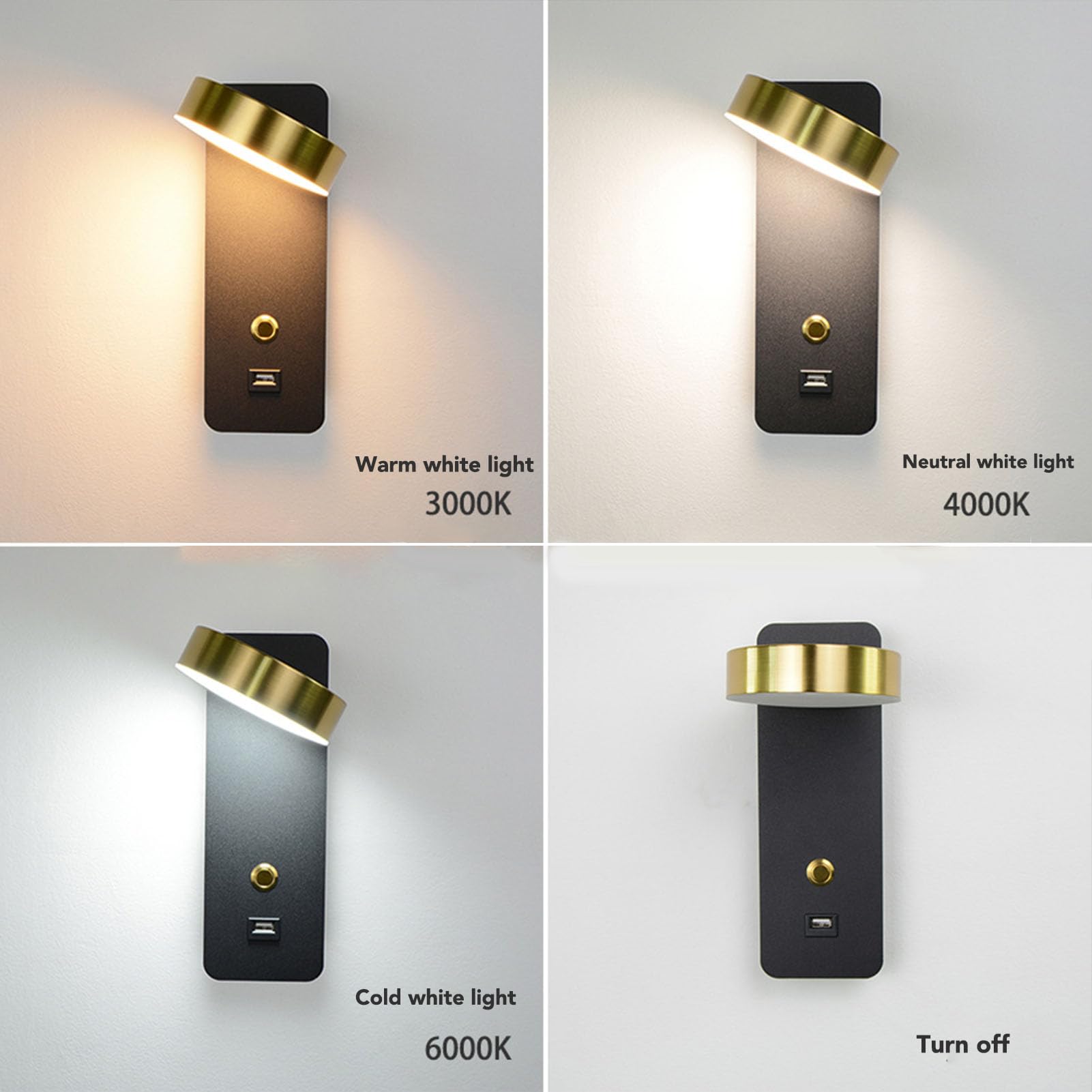 Lampy ścienne LED, Obrotowe Metalowe Kinkiety ścienne, 3 Temperatury Barwowe i Port ładowania USB, Nowoczesny Kinkiet Podłączony na Stałe do Sypialni do Czytania Przy łóżku