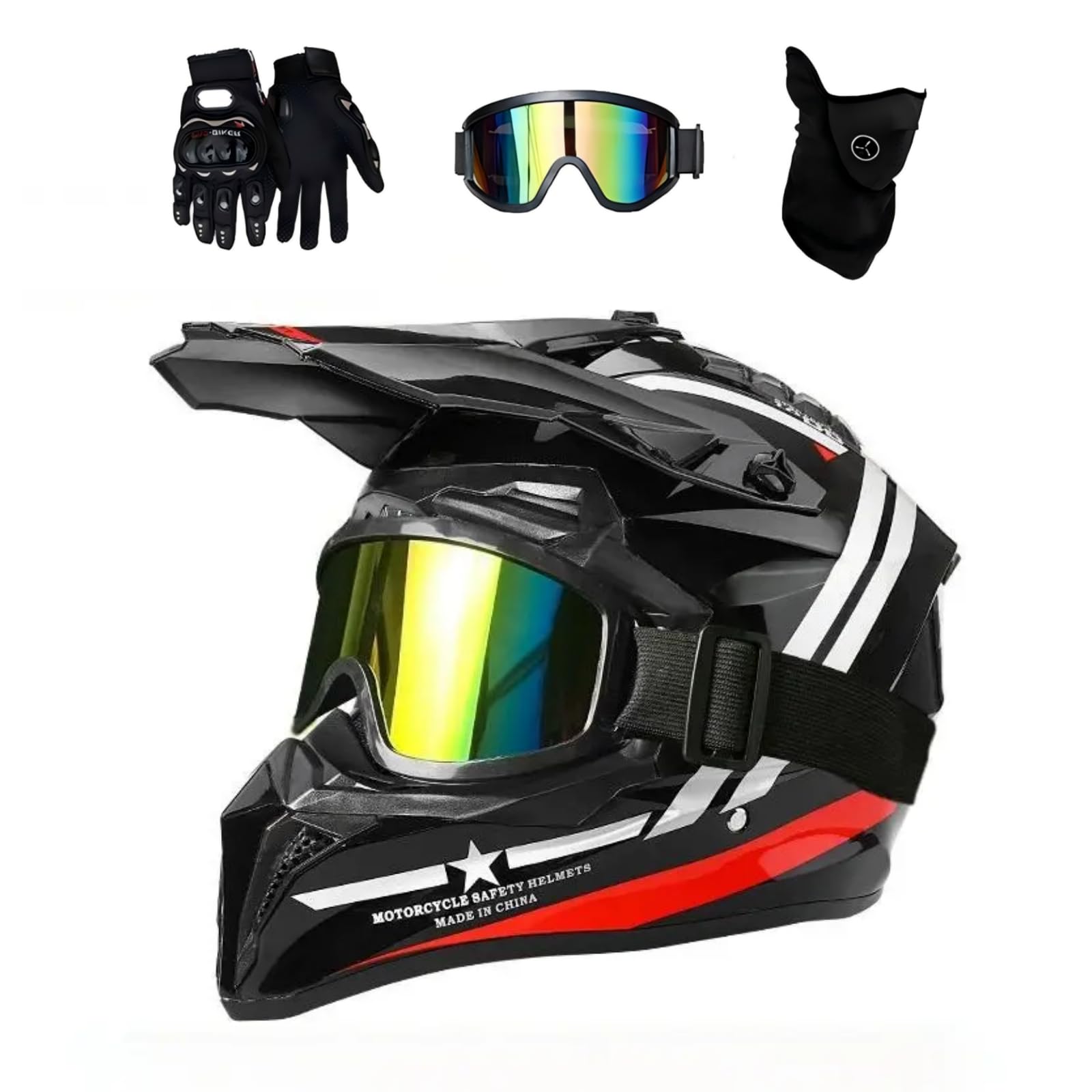 DriveNova Motocross MTB Helm Fullface, Erwachsener Cross Helm mit Brille Maske Handschuhe, Motorrad Downhill Full Face Helm Downhill Motorradhelm ATV Motorradhelm Inklusive 2 Größen Helmfutter