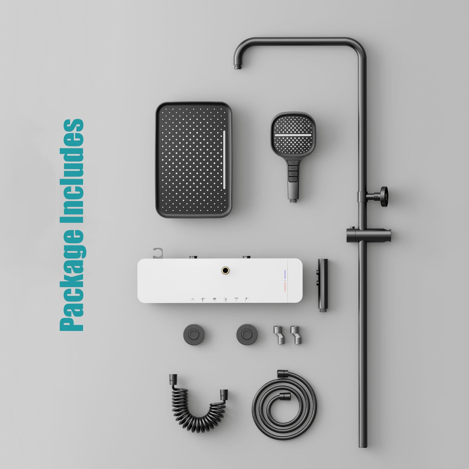 BEITH Sistema de Ducha Termostático, Moderno Lujoso 6 Funciones Columna de Ducha con Masaje Corporal, Lluvia, Cascada Cuadrado Set De Ducha con Grifo, Teclas del Piano, Pantalla Digital, Altura Fija