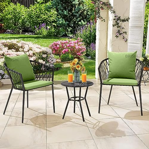 Image of BRISHI Garden Patio Seating Chair and Table Set Outdoor Balcony Garden Coffee Table Set Furniture with 1 Table and 2 Chairs Set with Cushion Braid & Rope (Black /Green)
