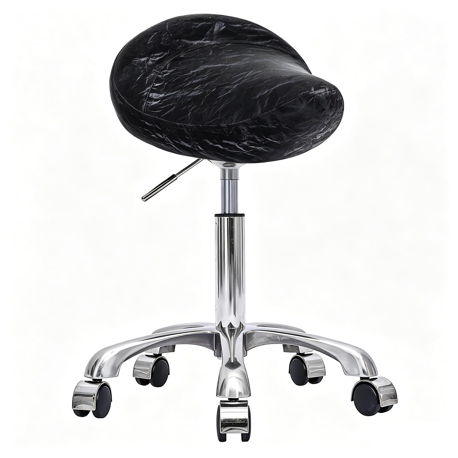 Taburete de Montar, Ergonómico Taburetes con Ruedas Altura Ajustable, Giratorias PU Cuero Giratorias Silla para Peluquería y Tatuajes (Plateado + Negro, Sin Espalda)