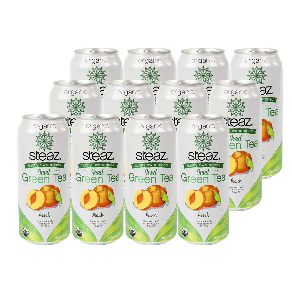 Steaz Organic Iced Green Tea, Peach Lightly Sweetened, 16 oz (Pack of 12)