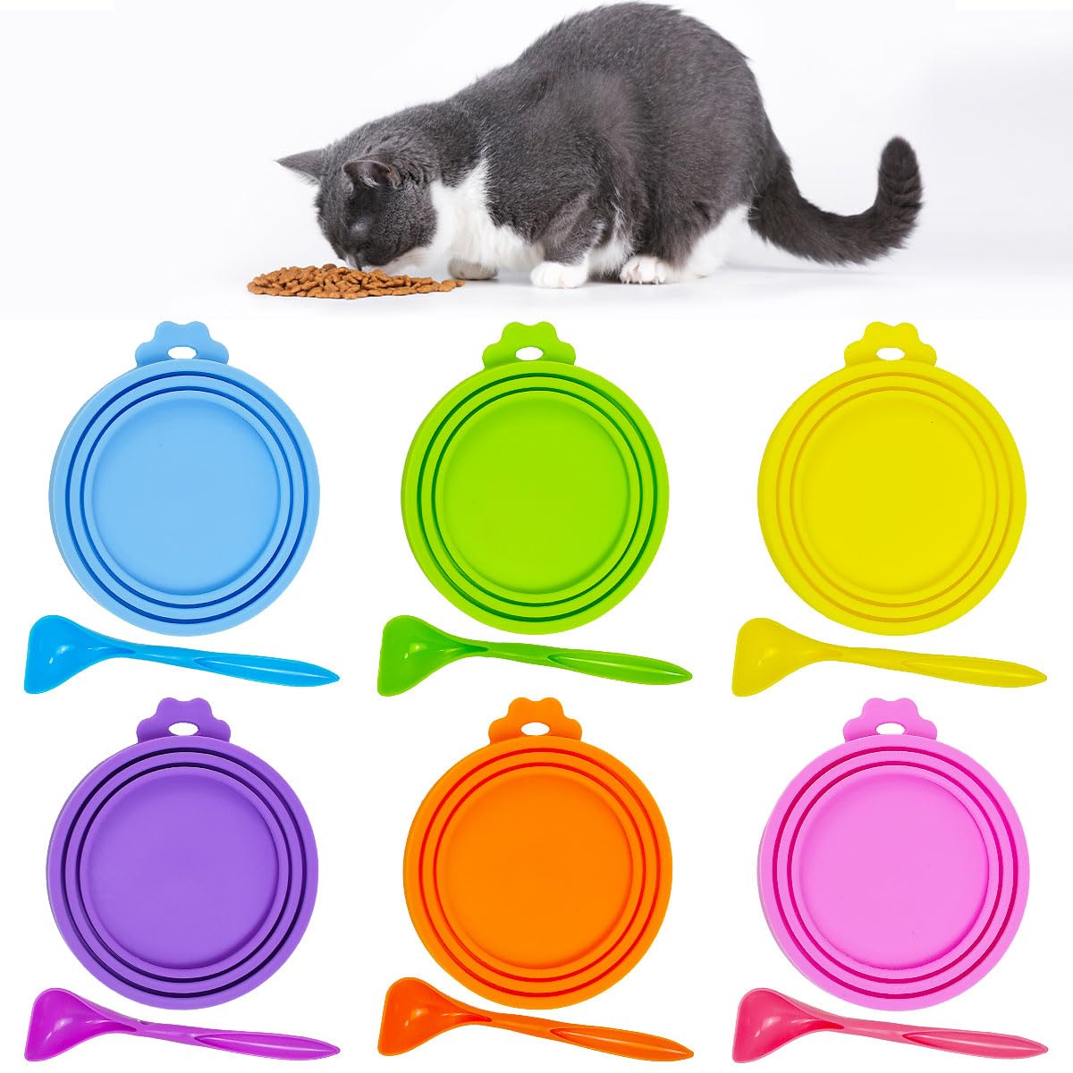 Lot De 6 Couvercles De Boîte De Nourriture pour Chat avec 6 Cuillères en Silicone 70g 85 G 200 G 400 G Couvercles pour Boîtes De Conserve, Couvercles pour Boîtes Alimentaires