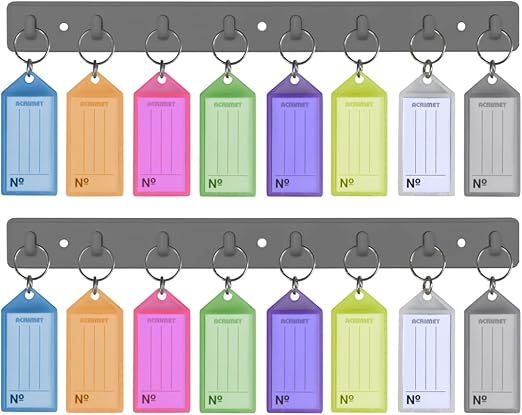 Acrimet Key Tag Rack w/ 8 Keyring Tags (Self-Adhesive Key Storage Rack) (2 Pack) (Assorted Color)