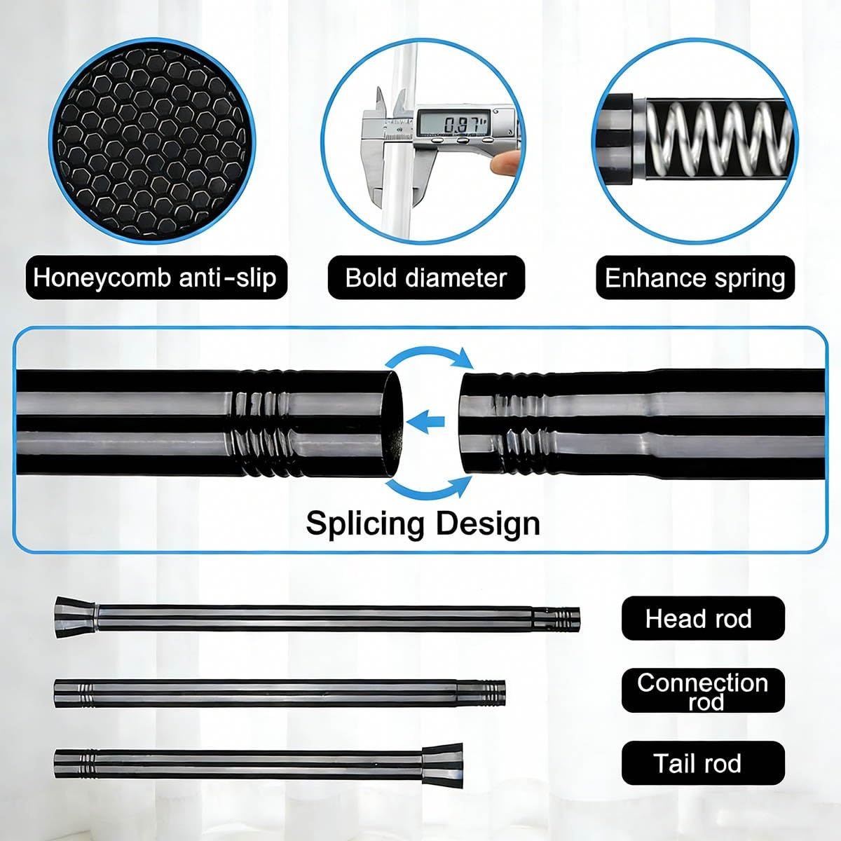 ain Rods Inless – Lot de 2 tringles en acier sans perçage pour chambre à coucher, cuisine, salle de bain (noir, 33 à 49,8 cm)
