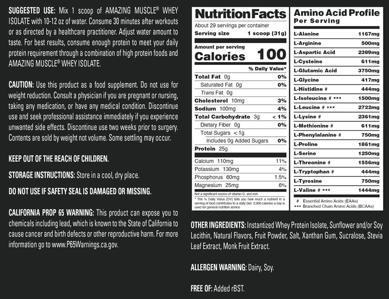 Image of Amazing Muscle Whey Protein Isolate Powder | 25 Grams Protein Per Serving | 100% Whey Isolate | Zero Fat | Made in USA (Strawberry, 2 LB)