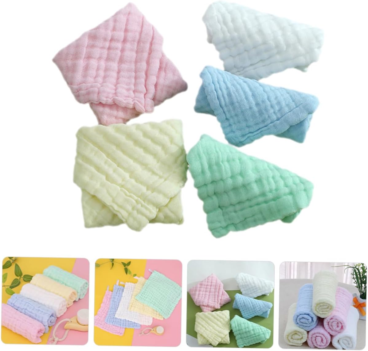 5 pcs Cotton Washcloth Absorbent Muslin Cloth for Newborns Soft Six Breathable Face and Hand Towels Multi Functional Burp Cloths for Skin Care White Yellow Pink Green Blue