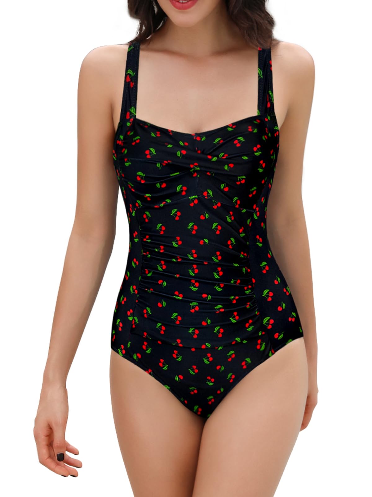 SHEKINI Traje de Baño Una Pieza para Mujer Cuello Bajo Ajustables Correas Slim Bañador Fruncido Control Abdomen Ropa de Playa