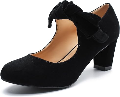 LIURUIJIA Womens Bow Mary Janes Block Heel Pumps Round Toe Ankle Strap Wedding Evening Party Dress Shoes