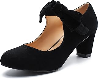 Women's Bow Mary Janes Block Heel Pumps Round Toe Ankle Strap Wedding Evening Party Dress Shoes