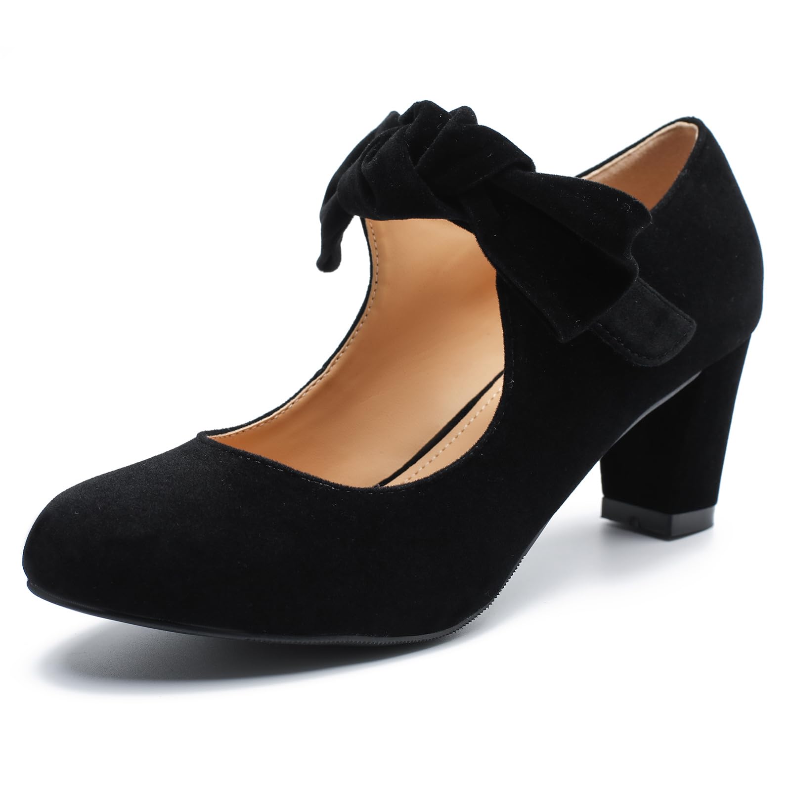 LIURUIJIA Women's Bow Mary Janes Block Heel Pumps Round Toe Ankle Strap Wedding Evening Party Dress Shoes