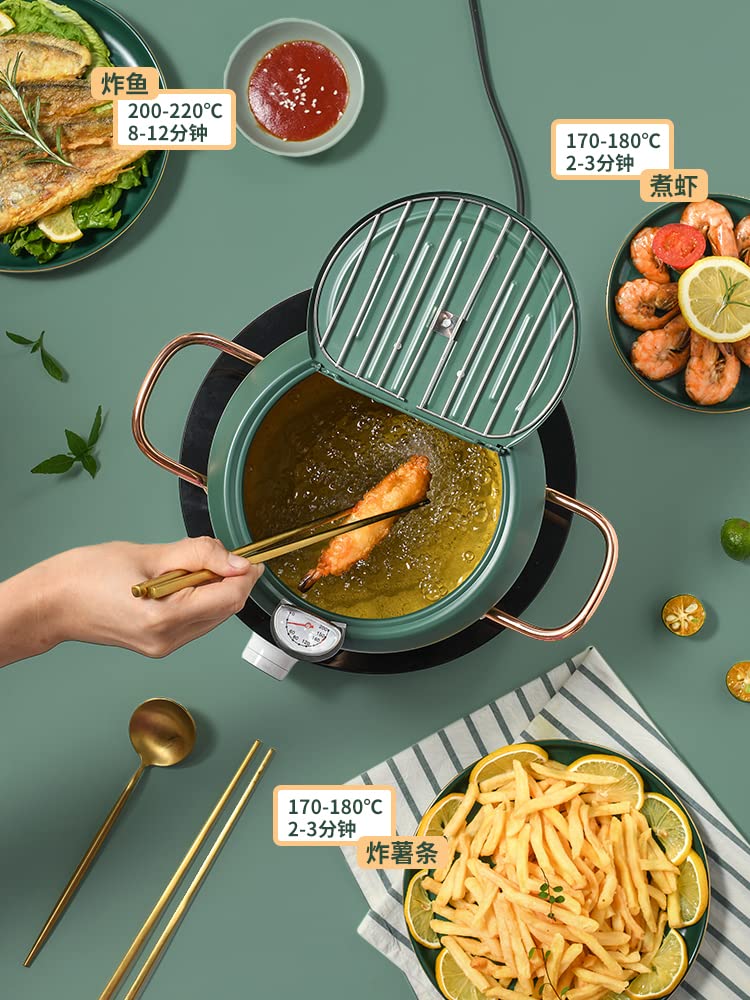 Cyrder Japanese Tempura Deep Fryer Pot with Fahrenheit Thermometer 3.5L- Nonstick Carbon Steel Oil Fryer, Fried Tempura/Chicken/Fish/Shrimp, Easy Clean, Green Big Tempura Pan, 10.2inch